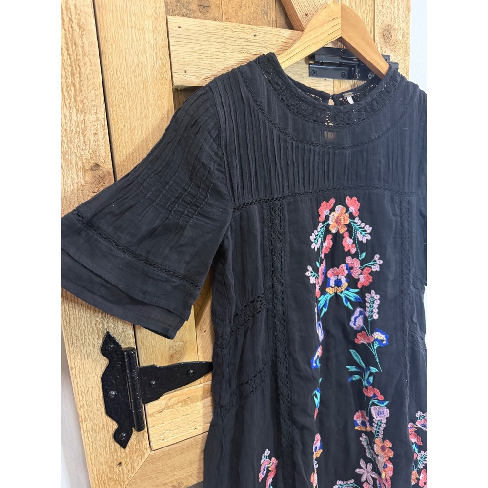Free People Black Floral Embroidered Lace Trim Mini Dress XS Boho Short Sleeve - Picture 6 of 8